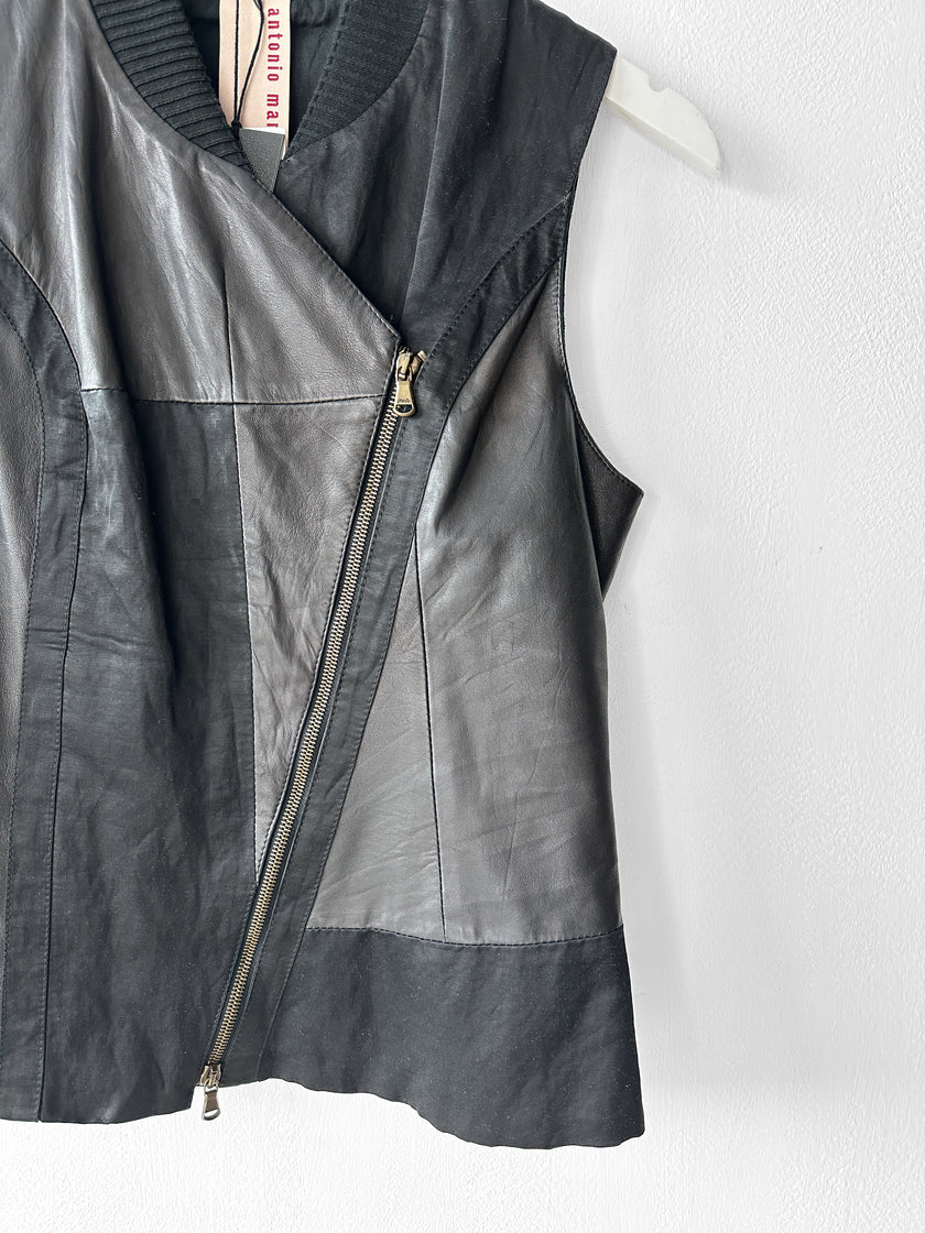 ANTONIO MARRAS - early 2000s ASYMMETRIC LEATHER VEST WITH CONTRASTING SATIN PANELS