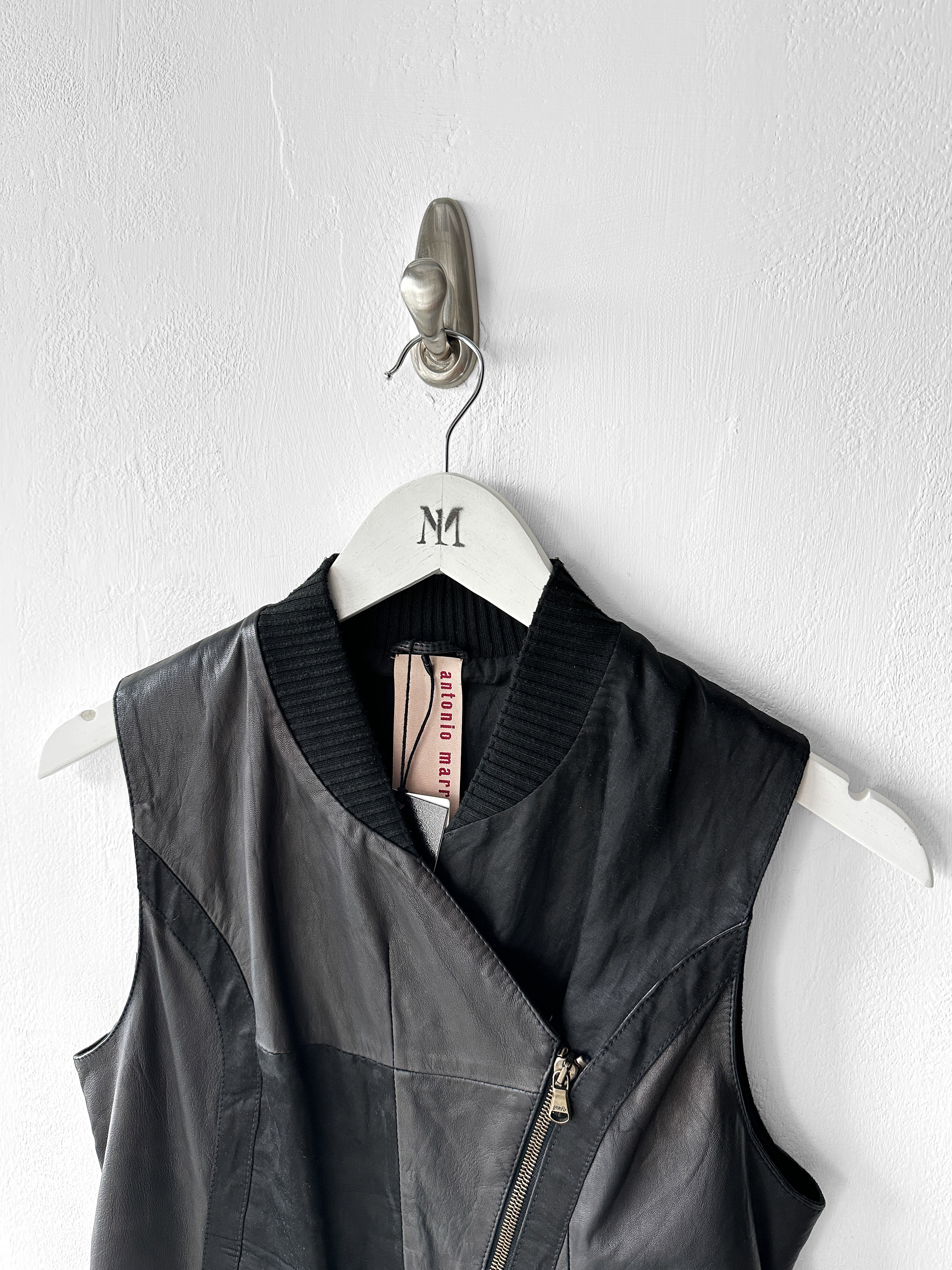 ANTONIO MARRAS - early 2000s ASYMMETRIC LEATHER VEST WITH CONTRASTING SATIN PANELS