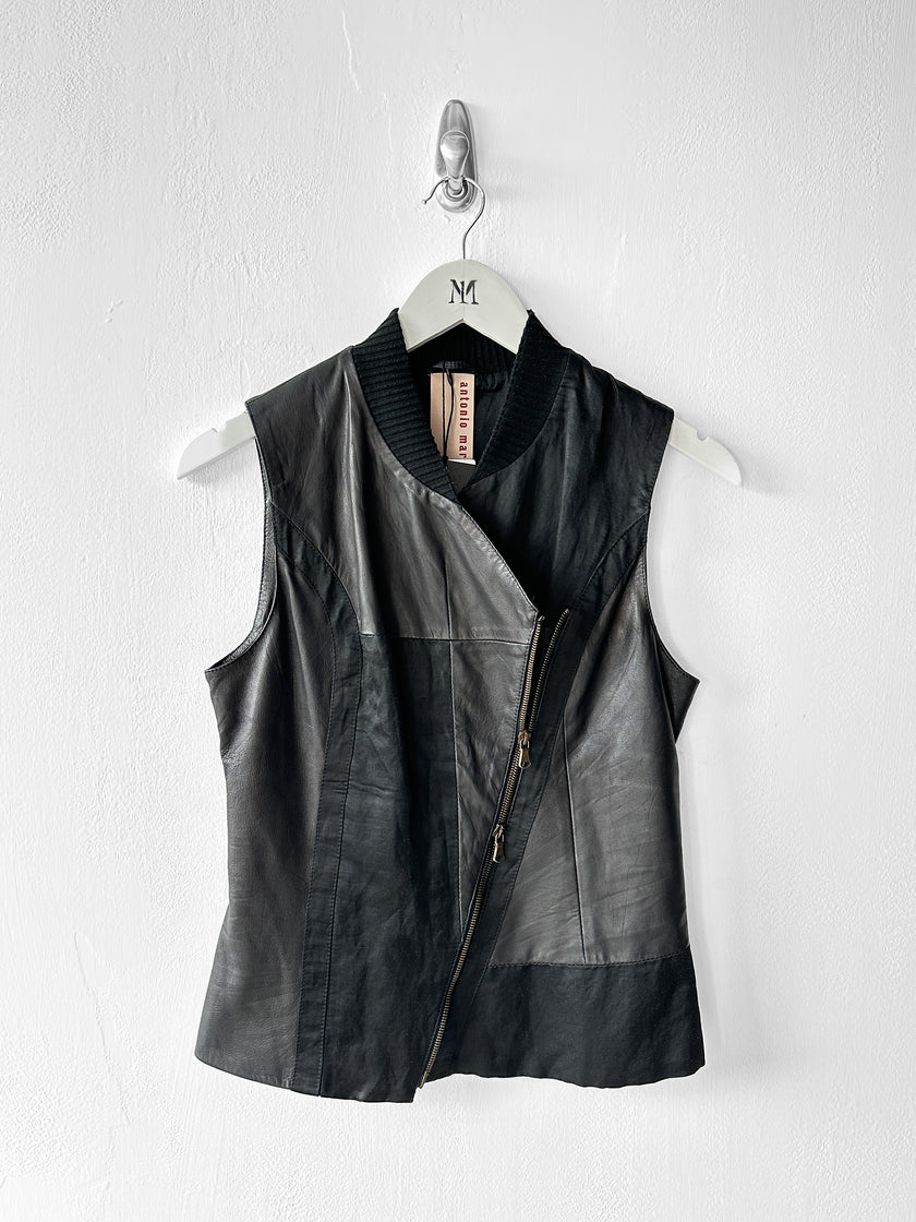 ANTONIO MARRAS - early 2000s ASYMMETRIC LEATHER VEST WITH CONTRASTING SATIN PANELS