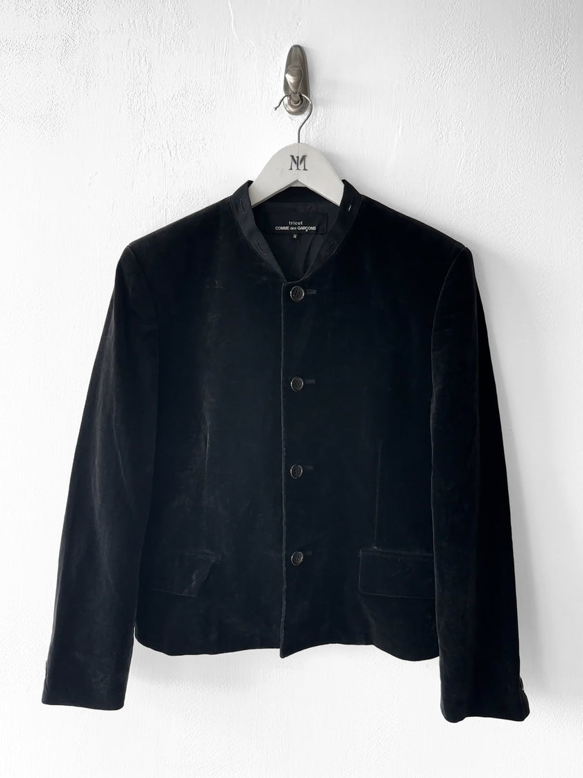 COMME DES GARÇONS - 1990s VELVET BLAZER WITH FLORAL APPLIQUÉ COLLAR