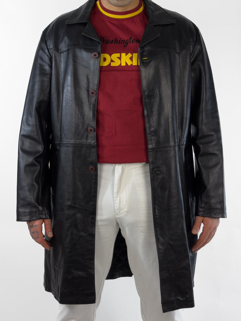 1990s MIDI LENGHT LEATHER COAT WITH CONTRASTING BUTTONS