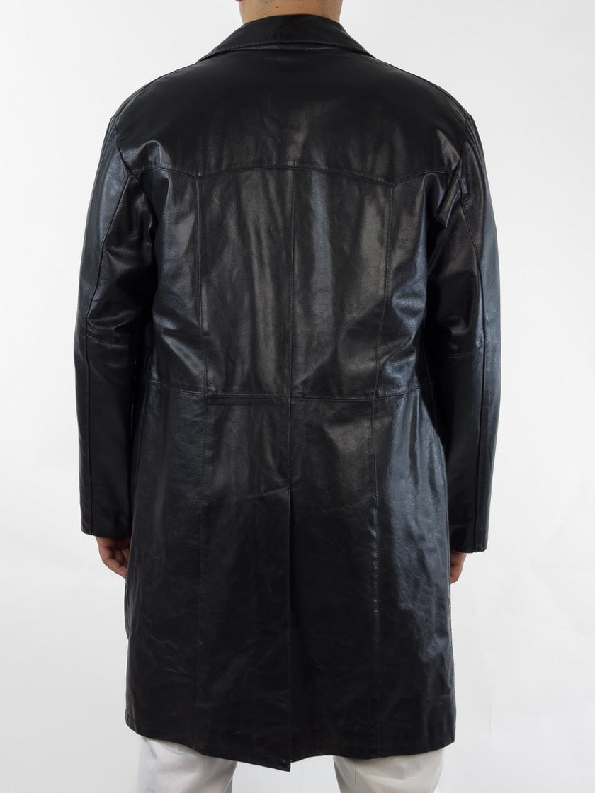 1990s MIDI LENGHT LEATHER COAT WITH CONTRASTING BUTTONS