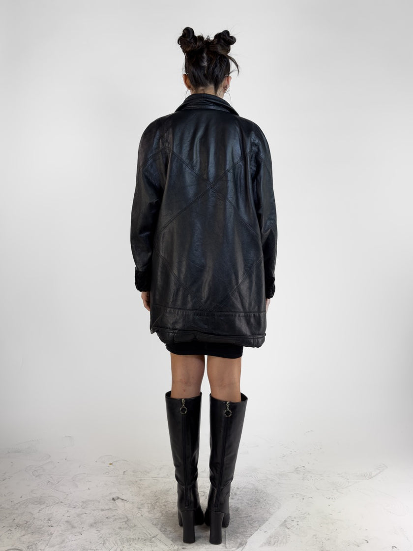 1970s LEATHER COAT WITH FUR CUFFS