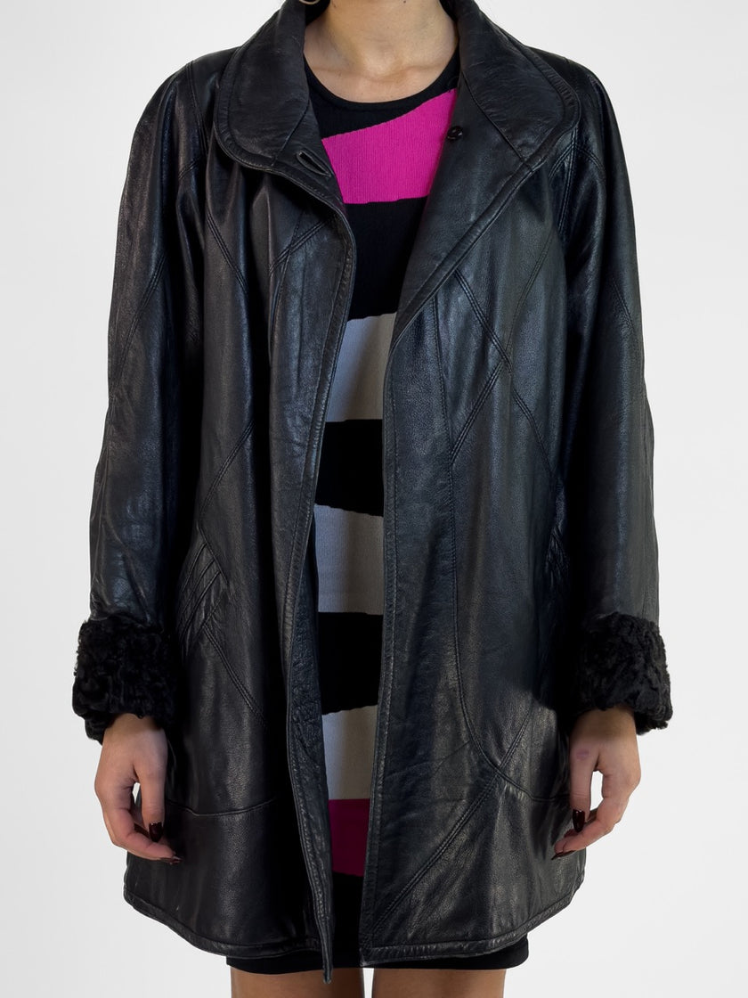 1970s LEATHER COAT WITH FUR CUFFS