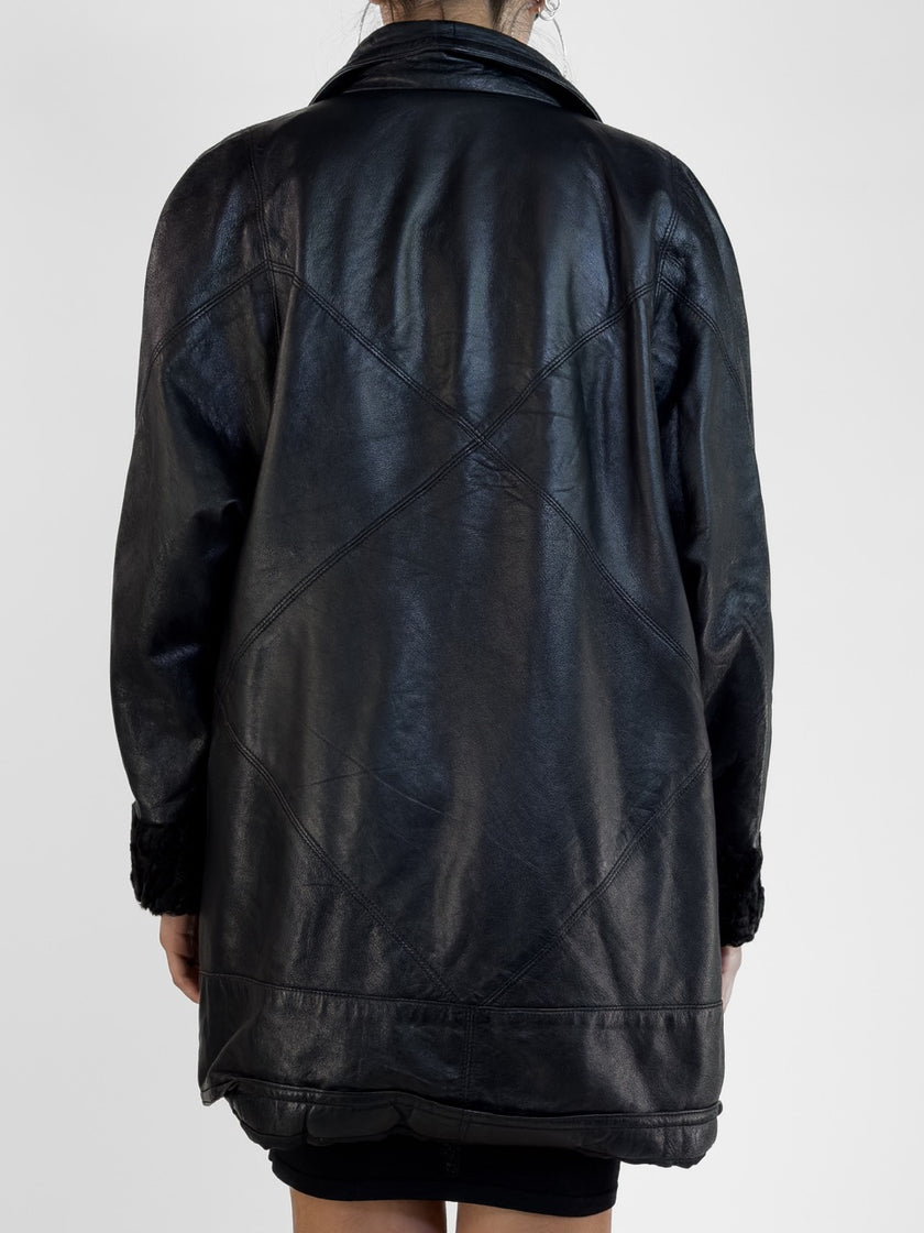 1970s LEATHER COAT WITH FUR CUFFS