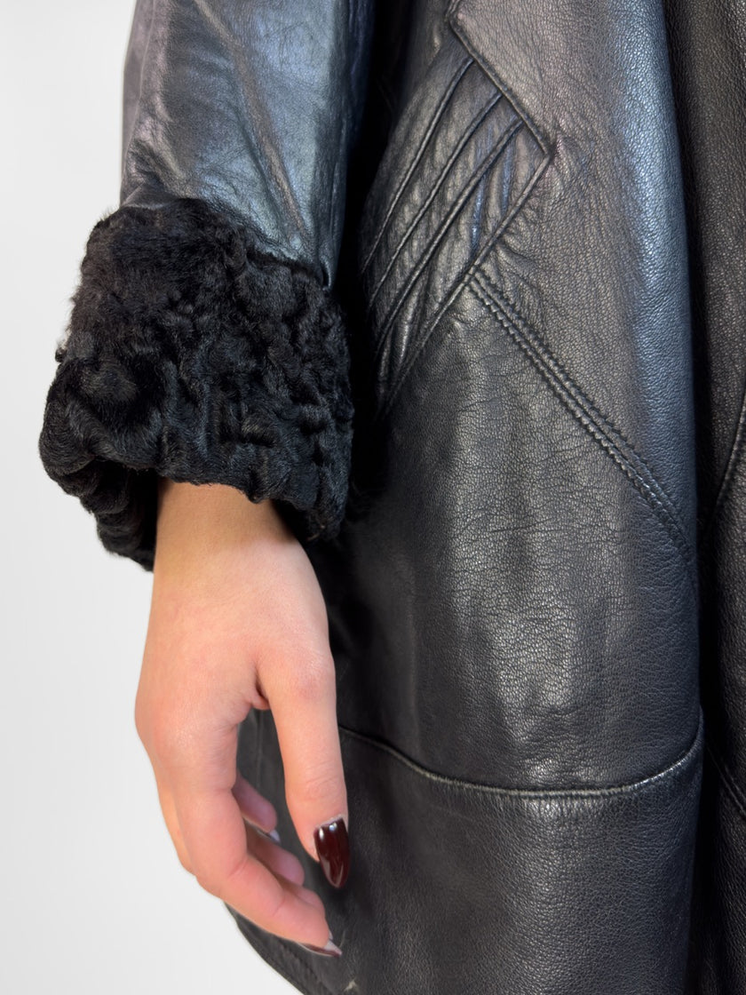 1970s LEATHER COAT WITH FUR CUFFS