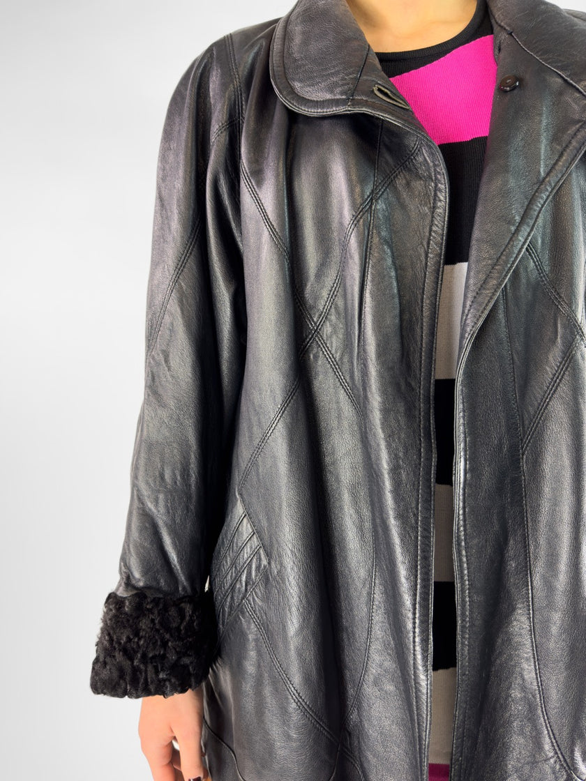 1970s LEATHER COAT WITH FUR CUFFS