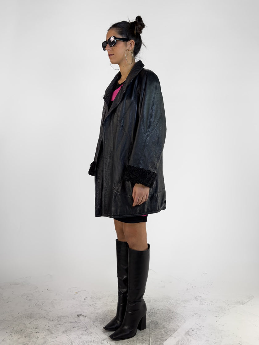 1970s LEATHER COAT WITH FUR CUFFS