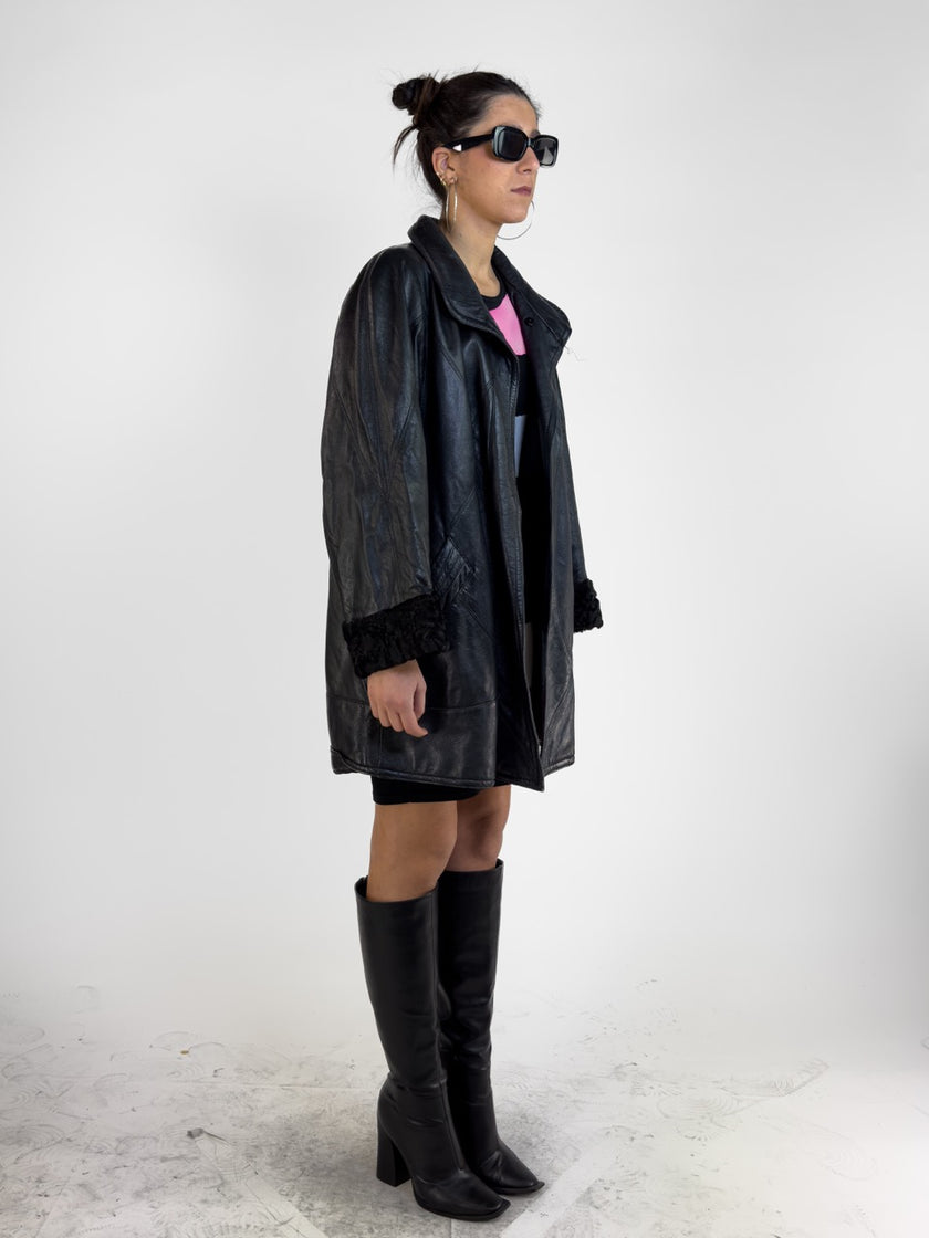 1970s LEATHER COAT WITH FUR CUFFS